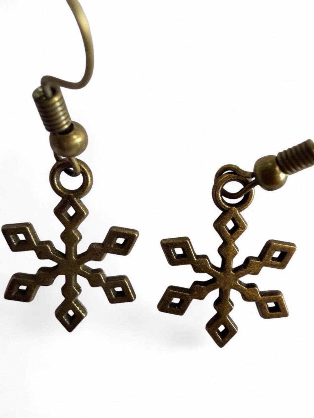 Handmade Bronze Snowflake Earrings Winter Snow Dangles ❄️ - Picture 3 of 7